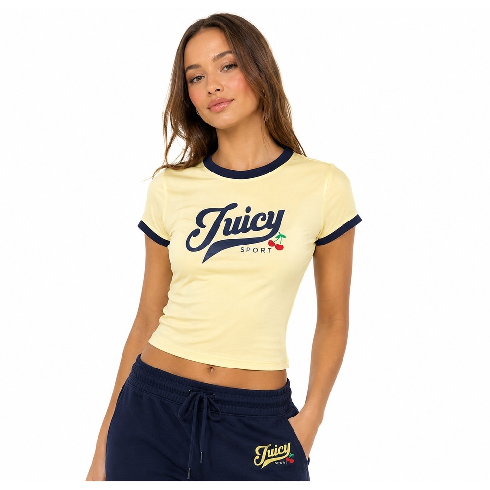 Juicy Couture Sport Cherry Baby Tee Ringer Crop Top Lemonade Yellow Size S NWT